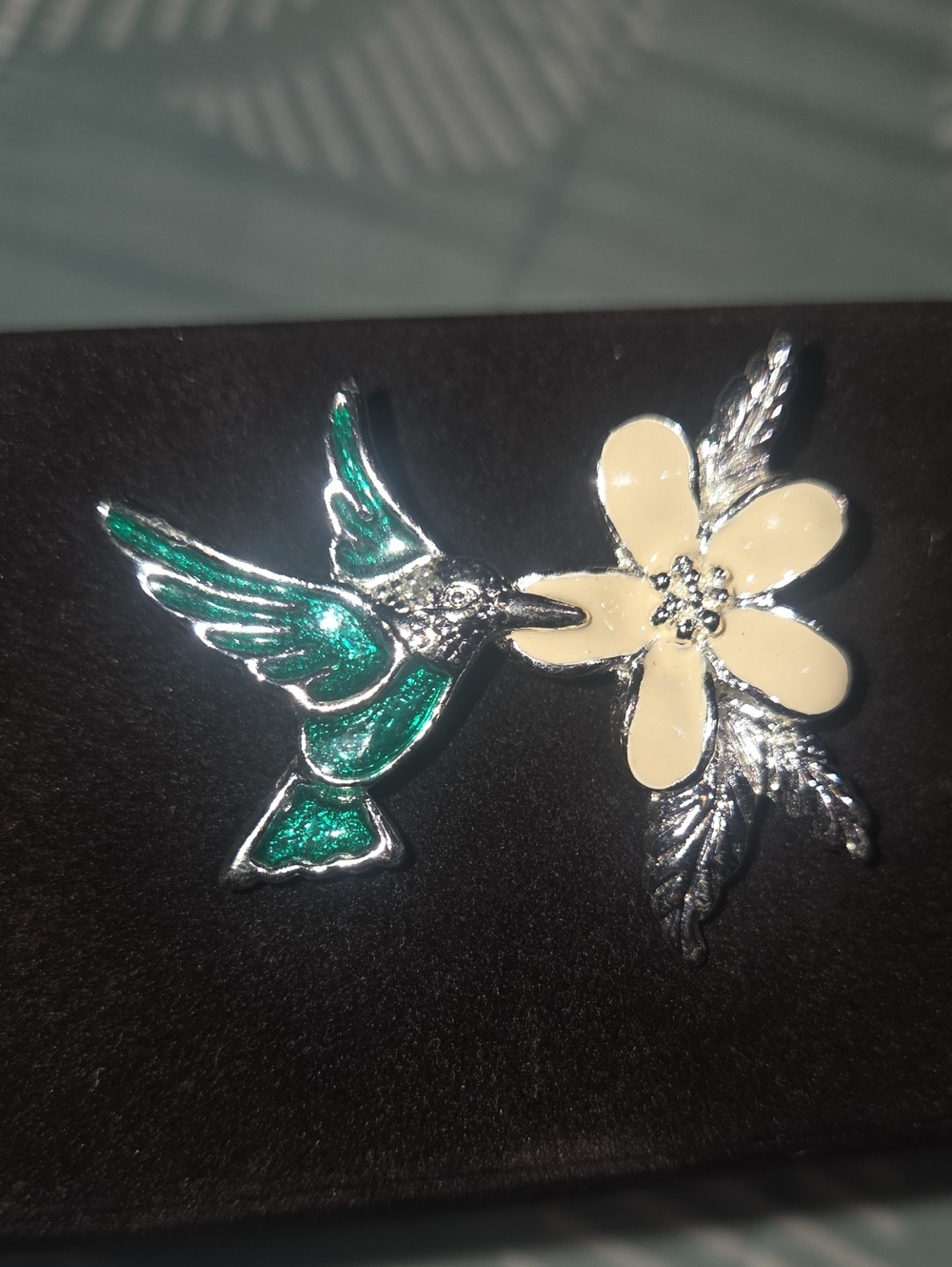 Vintage Silver Hummingbird & Cream Flower Brooch - Teal Accent